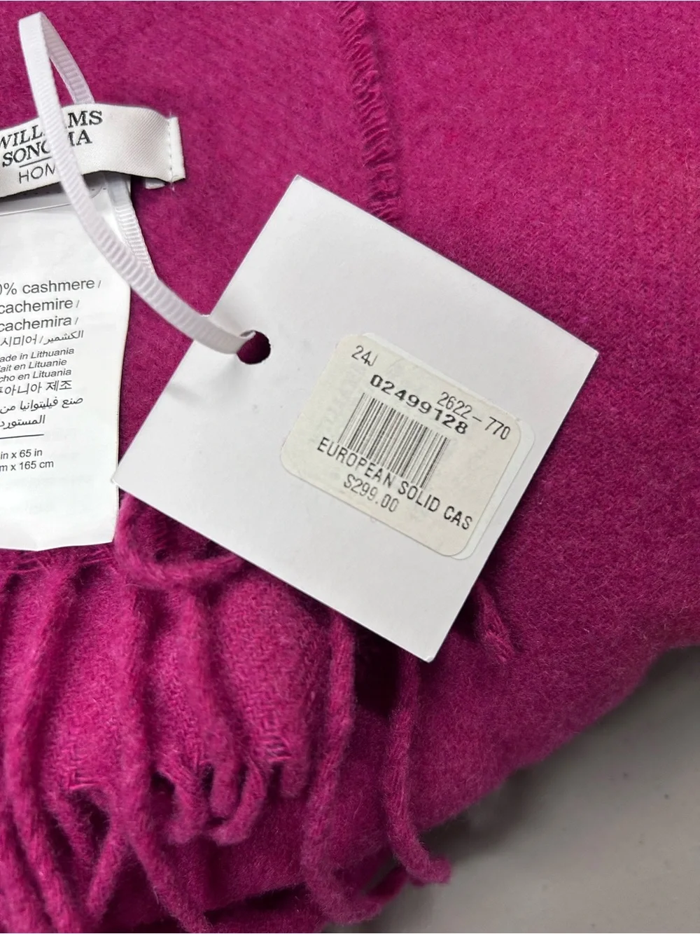 Williams Sonoma European Solid 100% Cashmere Throw Blanket Fringe 51